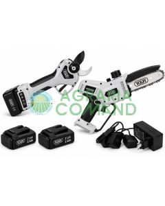 Kit de poda Volpi KV390 y KVS5700NB PowerCut con tijeras eléctricas de 40 mm, minimotorsierra de 5 pulgadas, dos baterías de 21,6 V y cargador.