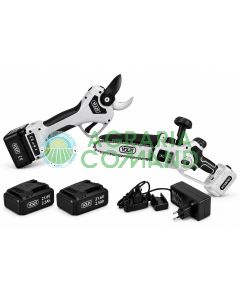 Kit de poda Volpi KV390 + KVS8000NB con tijeras eléctricas de 40 mm, minidesbrozadora de 8 pulgadas, 2 baterías de litio de 21,6 V y cargador.
