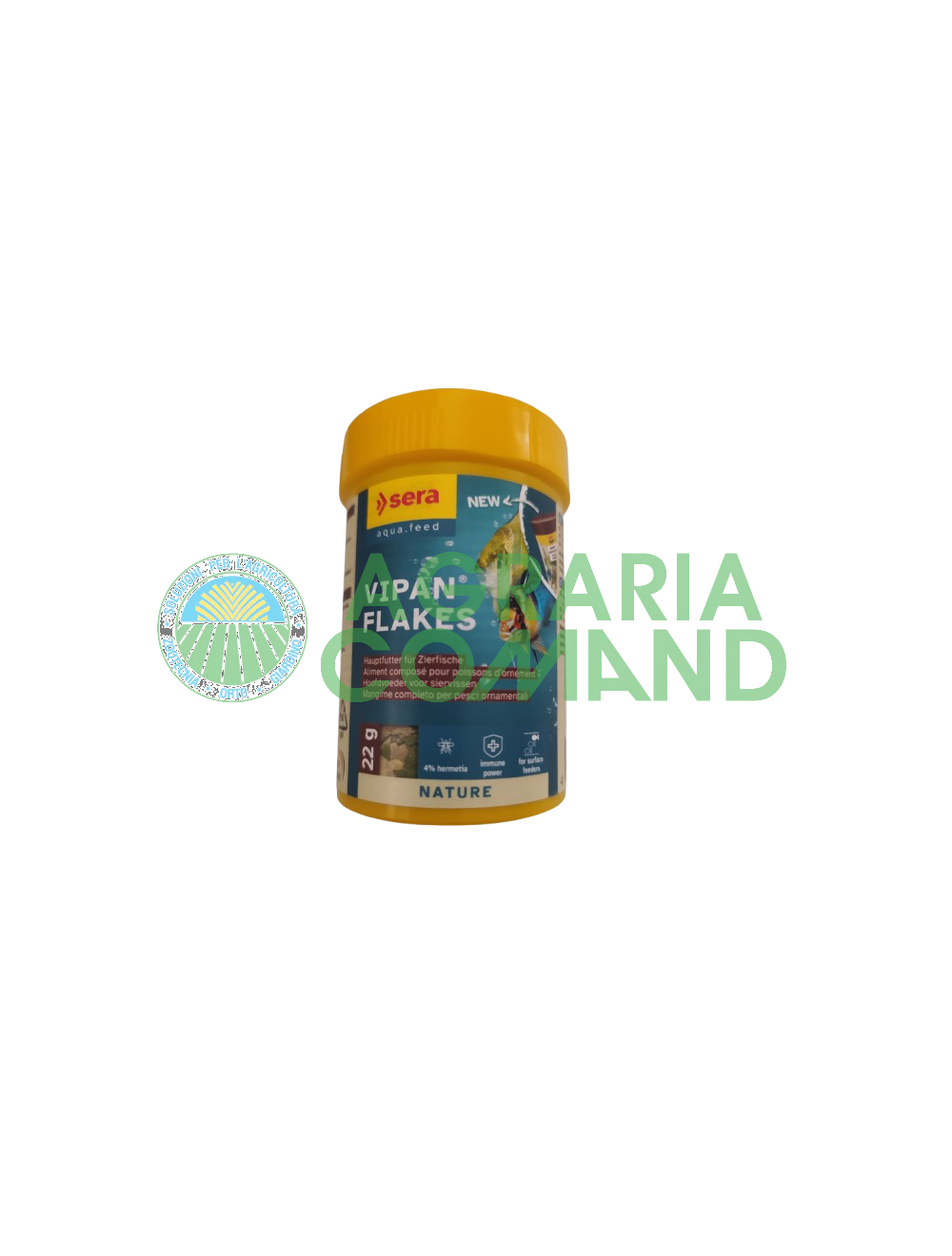 Envase de 22 g de pienso Sera Vipan Flakes. Envase de 22 g de pienso Sera Vipan Flakes.