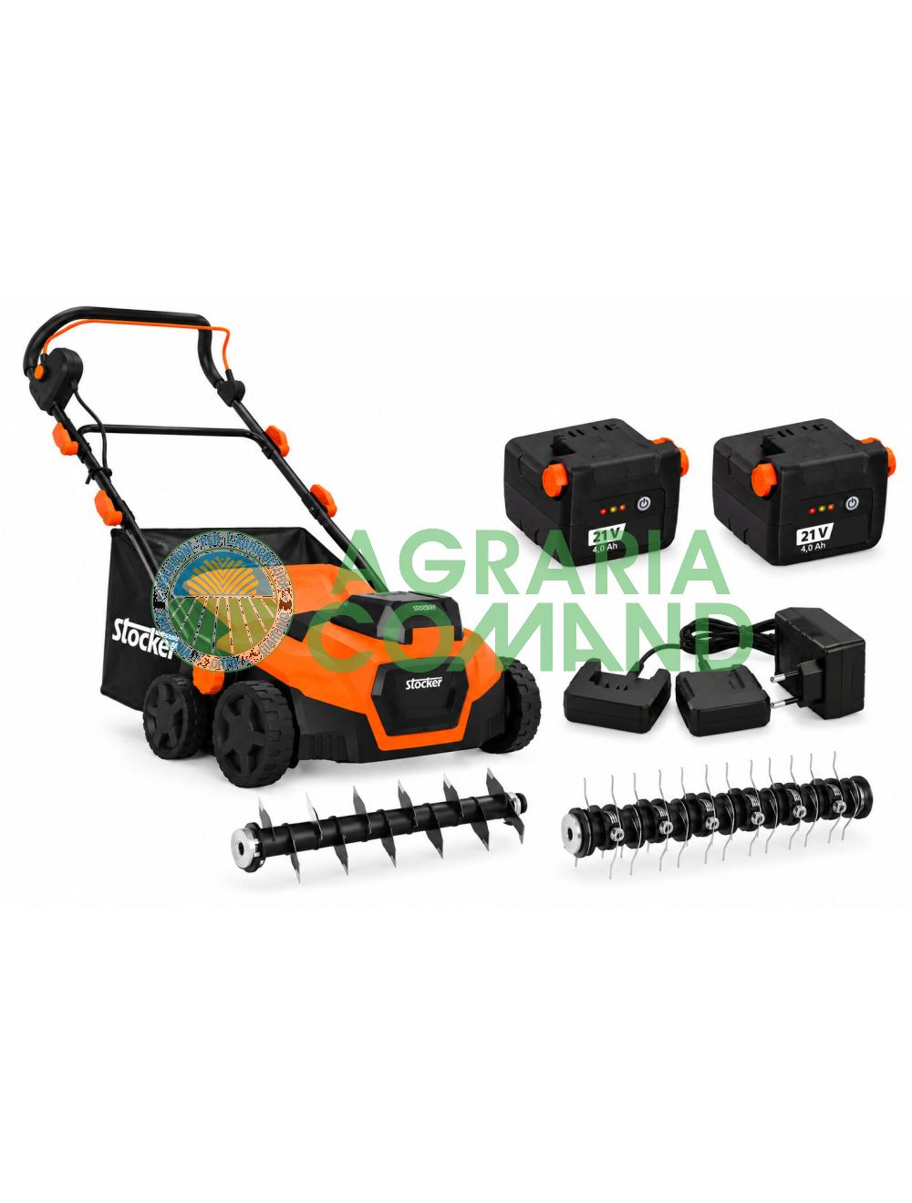 Kit de aireación y escarificación Stocker E-650 63301 a batería de 2x21 V con dos baterías Fast Charge de 4 Ah, cargador doble y rodillos intercambiables