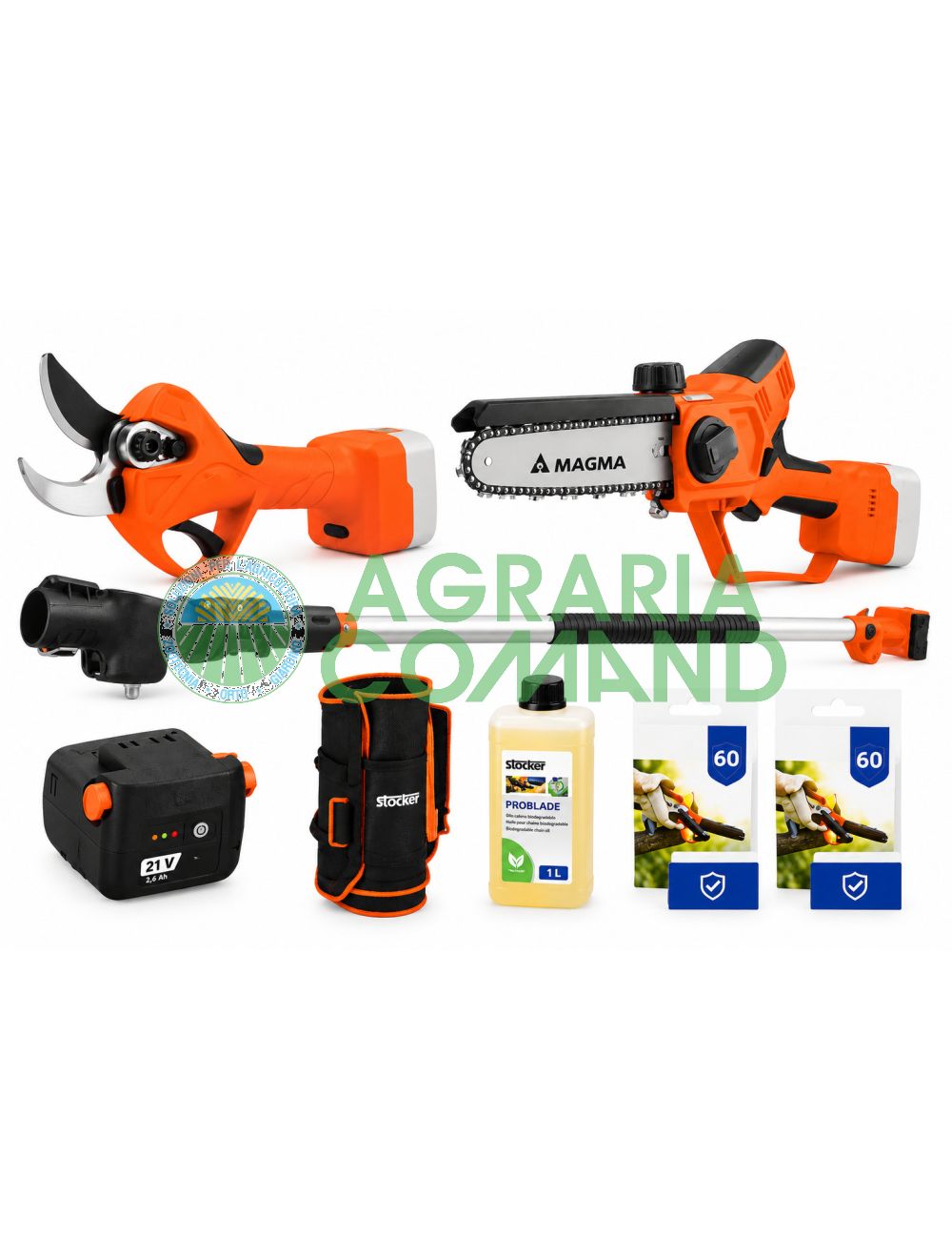Kit Stocker Magma 63602 con tijeras eléctricas E-40 TP, motosierra E-150 LA, mango telescópico, batería de 21 V y regalos de Ordinex y Problade, además de 60 meses de garantía