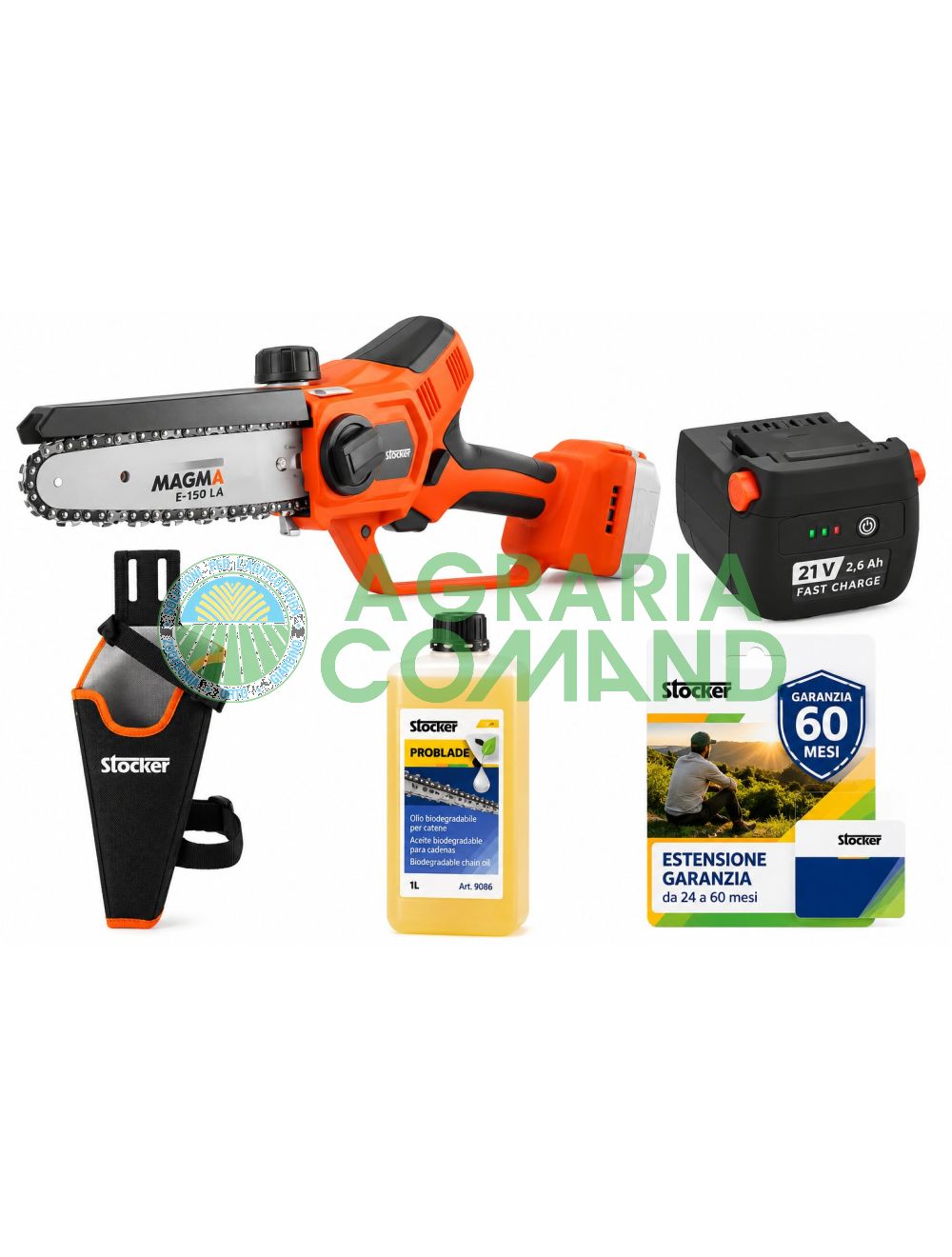 Kit de motosierra Stocker Magma E-150 LA 21 V con batería de 2,6 Ah, funda, aceite Problade y garantía de 60 meses