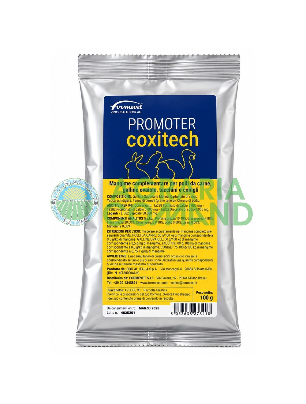 Promoter Coxitech Formevet 100 g, pienso complementario para pollos, gallinas, pavos y conejos Promoter Coxitech Formevet 100 g, pienso complementario para pollos, gallinas, pavos y conejos