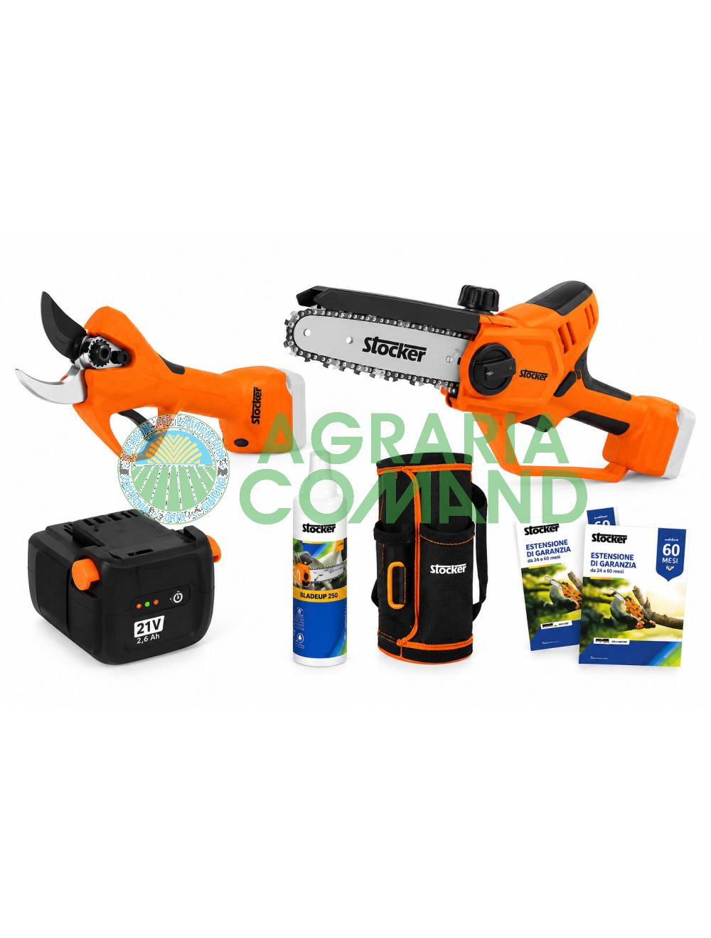 Kit Stocker Magma 63603 con tijeras eléctricas E-40 TP de 40 mm, motosierra E-150 LA, batería Fast Charge de 21 V y 2,6 Ah, BladeUp 250 y regalos