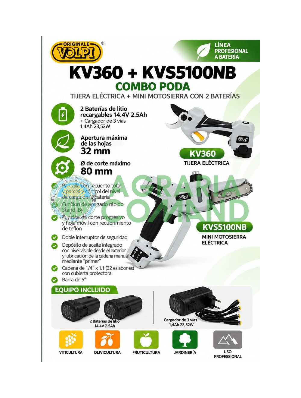 Kit de poda profesional: tijeras KV360 + podadora KVS5100NB Volpi Kit de poda profesional: tijeras KV360 + podadora KVS5100NB Volpi