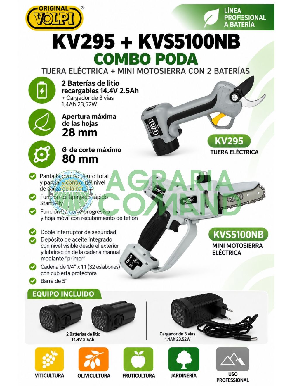 Kit de poda Volpi con tijeras Kv295 y podadora KVS5100NB