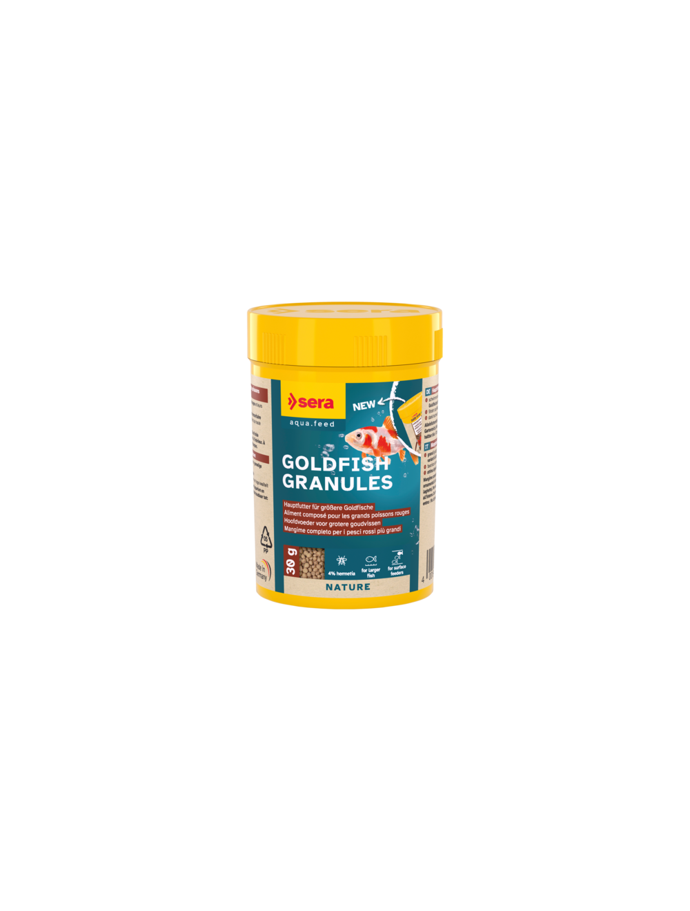 Envase de pienso de 30 gr de Sera Goldfish Granules. Envase de pienso de 30 gr de Sera Goldfish Granules.