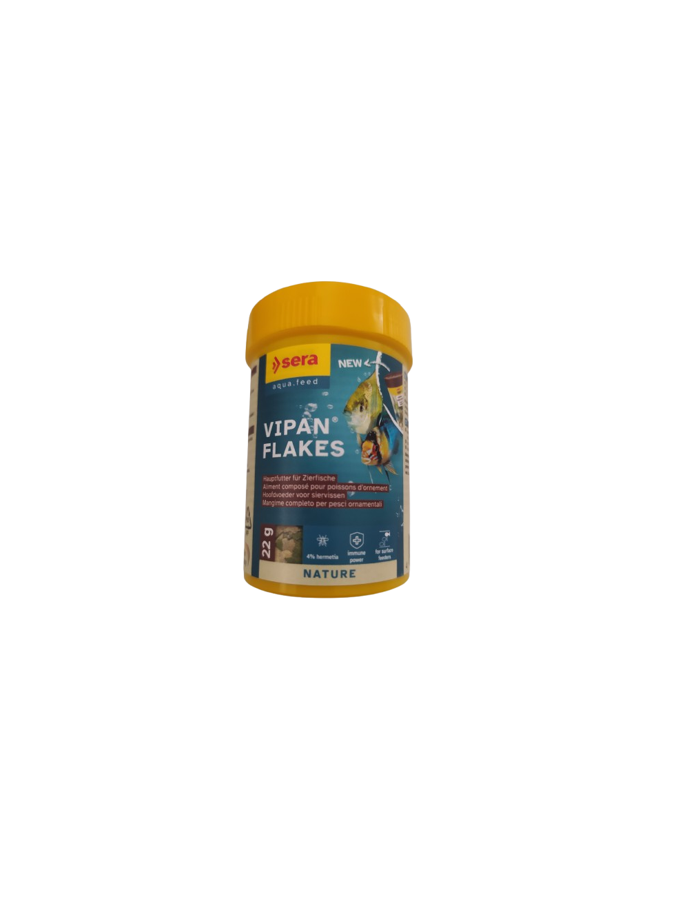 Envase de 22 g de pienso Sera Vipan Flakes.