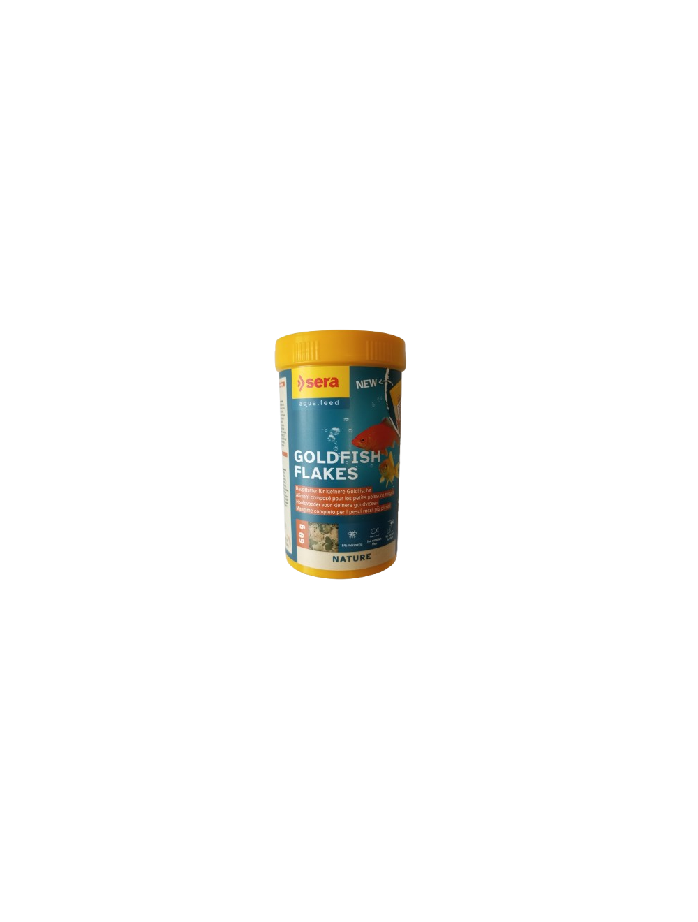 Envase de 60 g de pienso será Goldfish Flakes. Envase de 60 g de pienso será Goldfish Flakes.