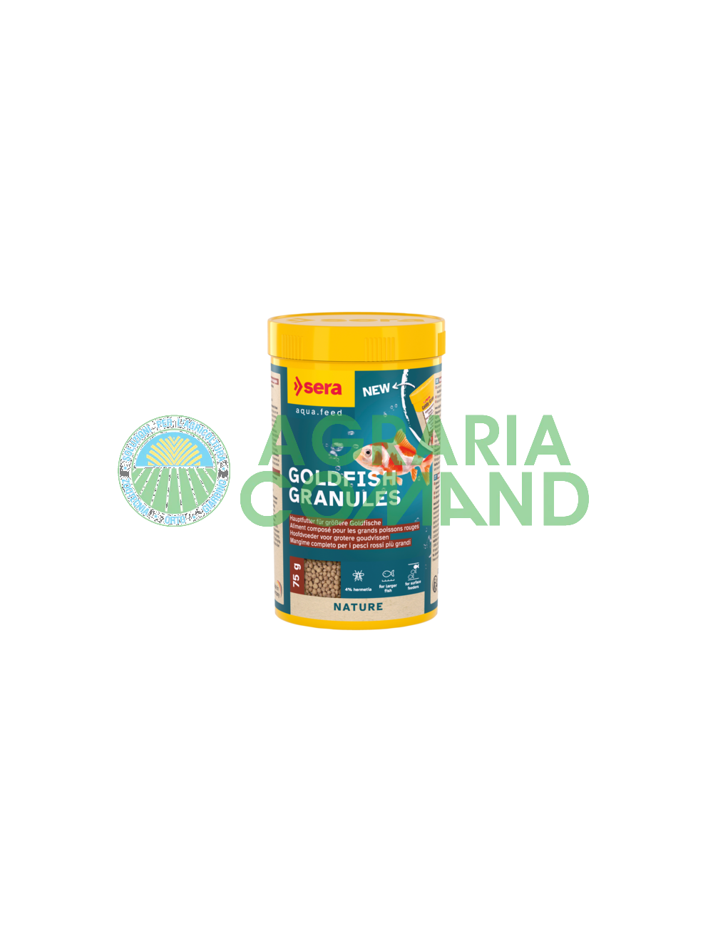 Envase de pienso de 75 g de Sera Goldfish Granules.