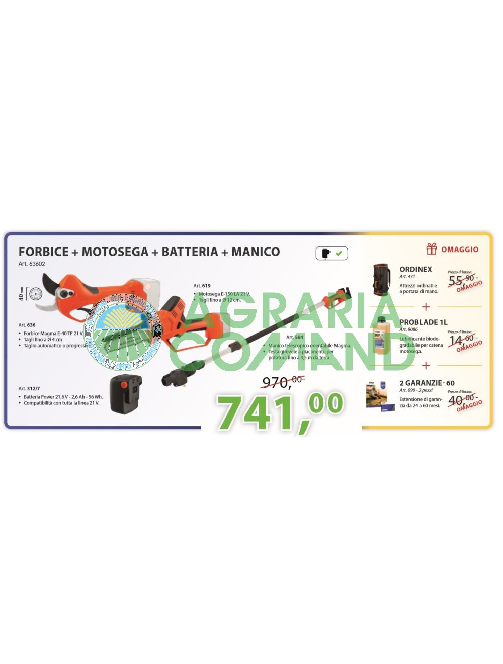 Kit de poda con tijeras de motosierra a batería y pértiga telescópica Stocker